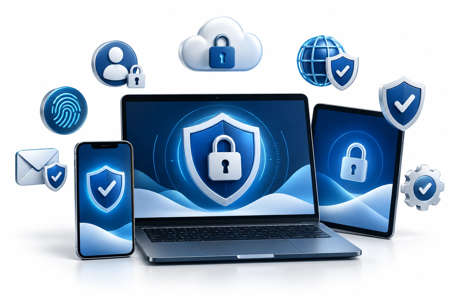 A secured laptop, smartphone and tablet surrounded by identity, cloud, fingerprint, network and email protection symbols.