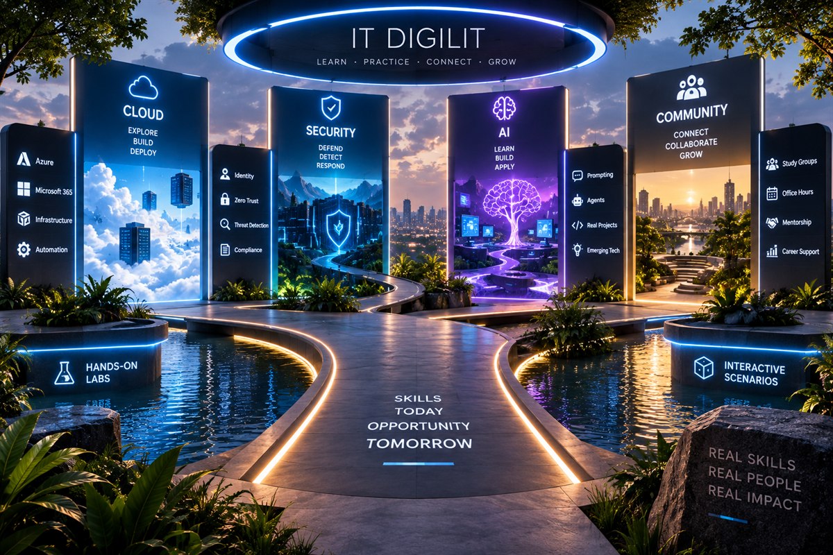IT DigiLit learning park: glowing pathways to Cloud, Security, AI and Community, with hands-on labs and interactive scenarios