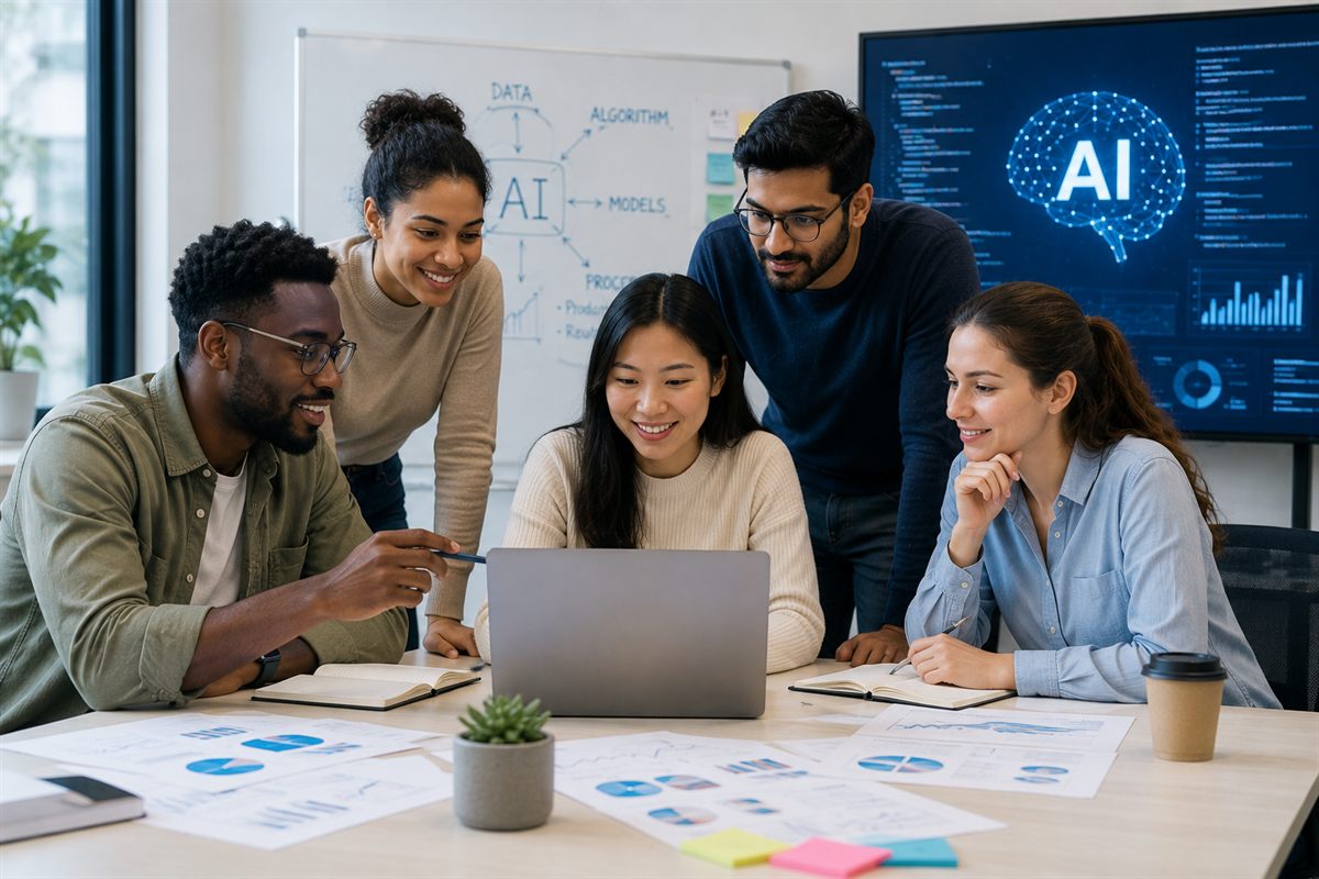 A small class working through a problem together at a laptop, with a trainer explaining at a whiteboard
