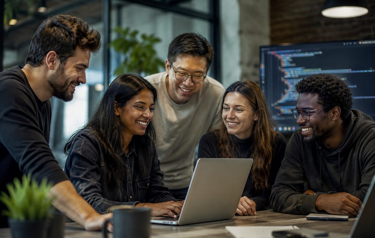 A group of members working through something together around a laptop